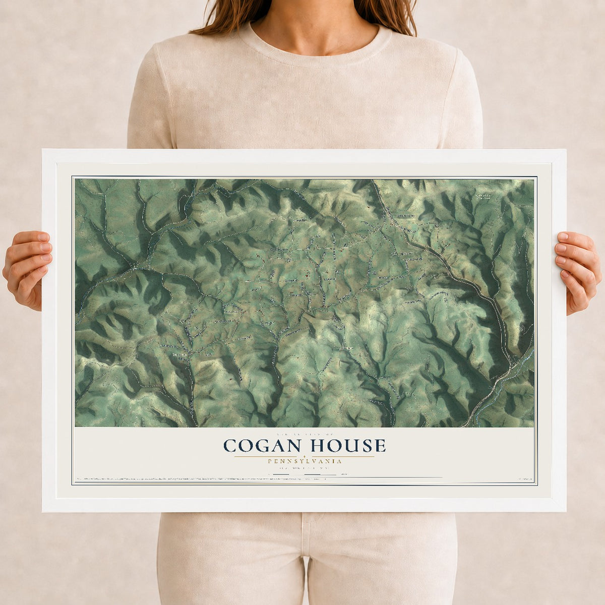 Map of Cogan House, Pennsylvania, 12 x 18 inch print in a white wood frame