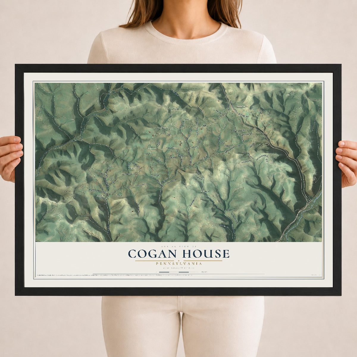 Map of Cogan House, Pennsylvania, 18 x 24 inch print in a black wood frame