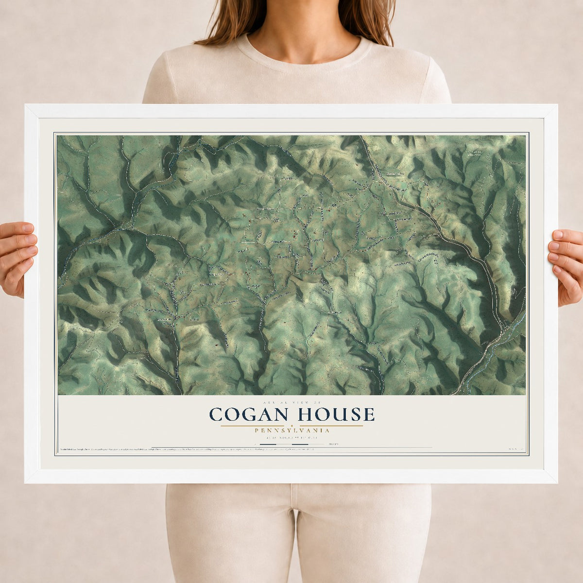 Map of Cogan House, Pennsylvania, 18 x 24 inch print in a white wood frame