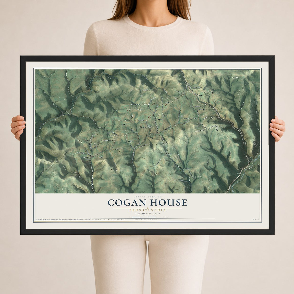 Map of Cogan House, Pennsylvania, 24 x 36 inch print in a black wood frame