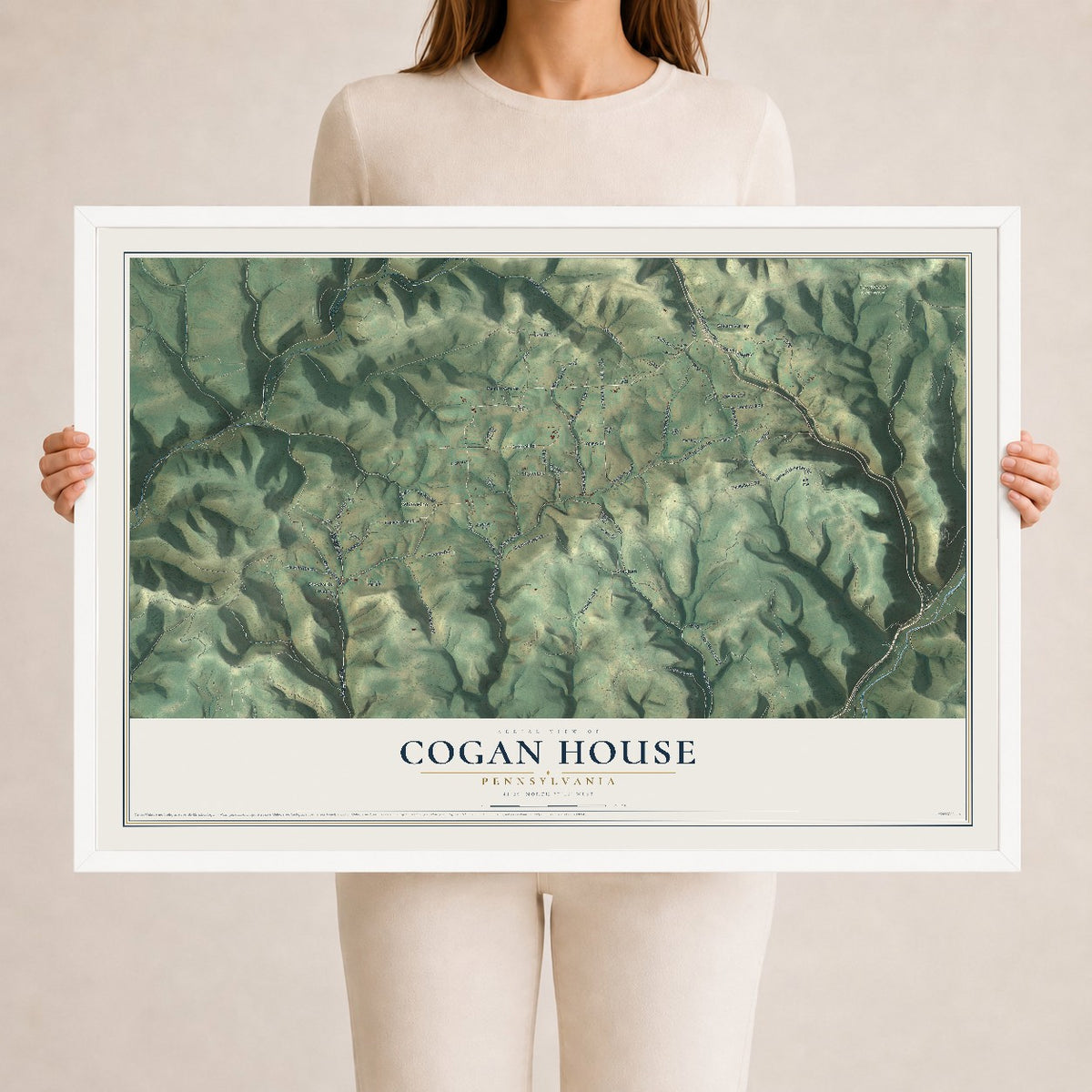 Map of Cogan House, Pennsylvania, 24 x 36 inch print in a white wood frame