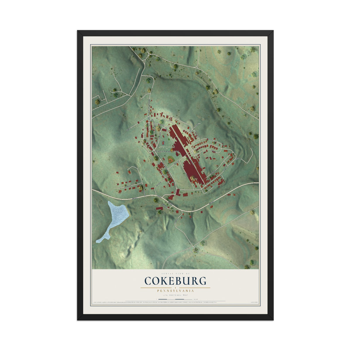 Map of Cokeburg, Pennsylvania, 12 x 18 inch print in a black wood frame