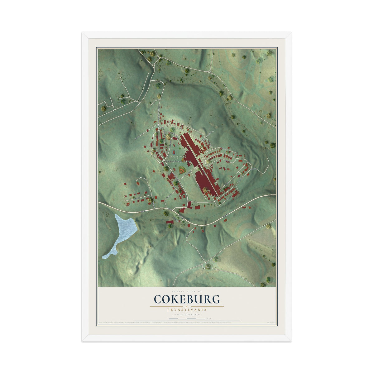 Map of Cokeburg, Pennsylvania, 12 x 18 inch print in a white wood frame