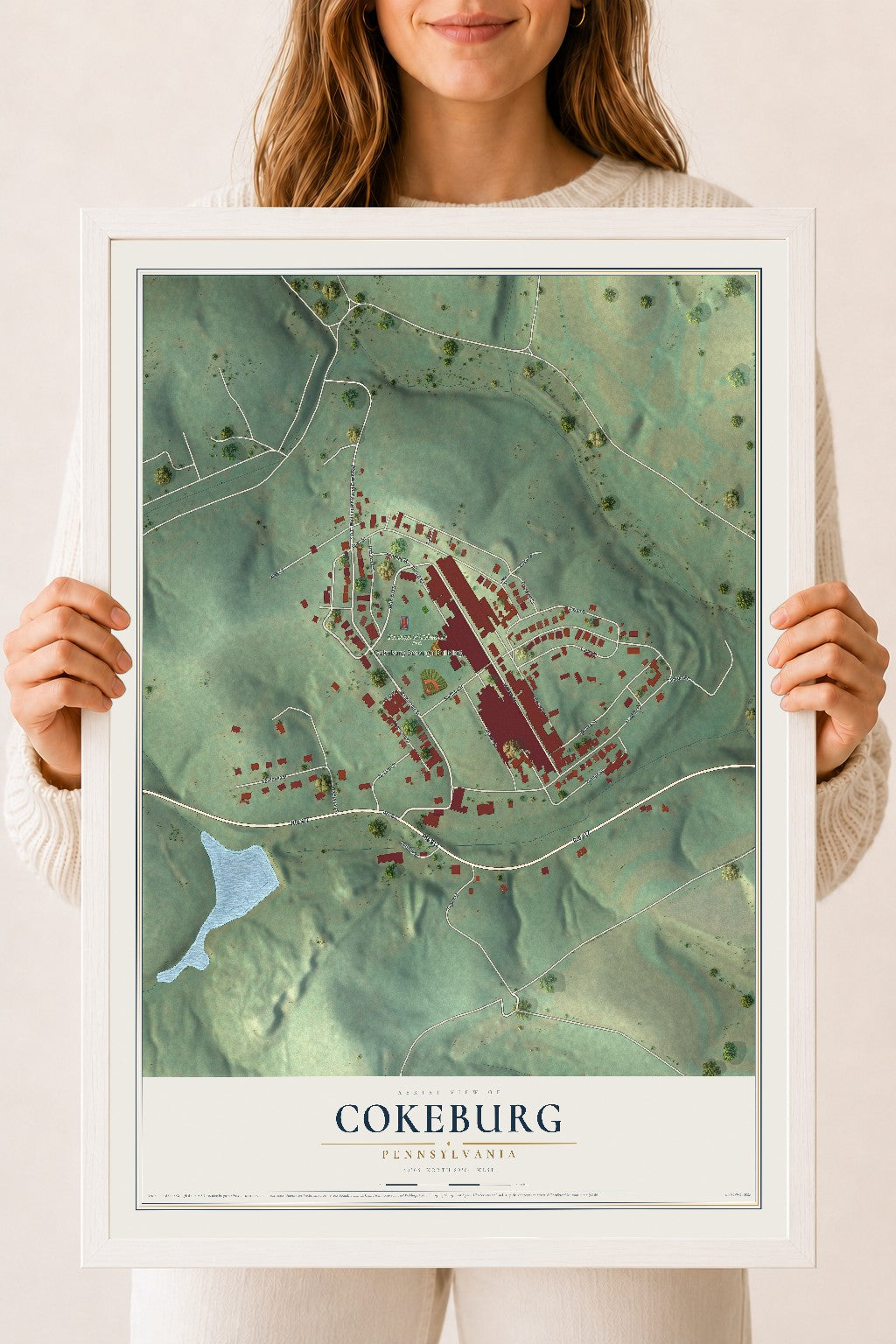 Map of Cokeburg, Pennsylvania, 18 x 24 inch print in a white wood frame