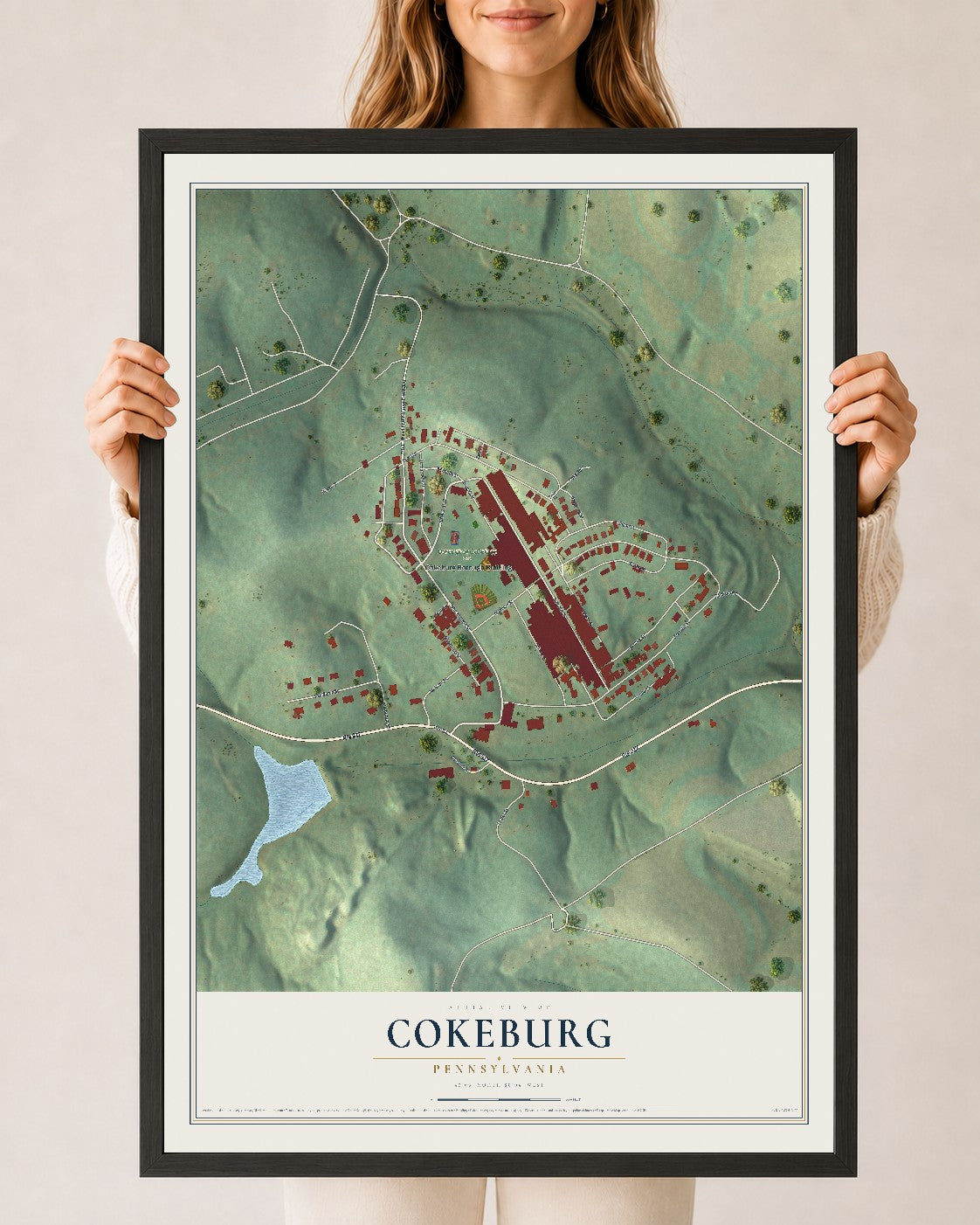 Map of Cokeburg, Pennsylvania, 24 x 36 inch print in a black wood frame