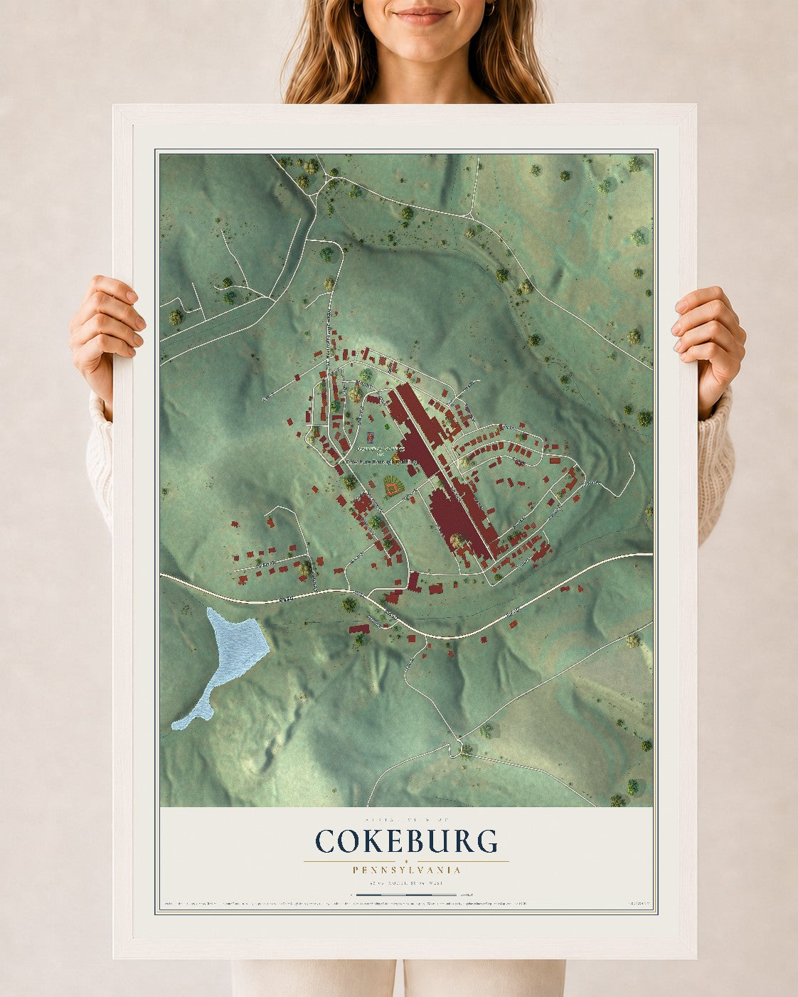 Map of Cokeburg, Pennsylvania, 24 x 36 inch print in a white wood frame