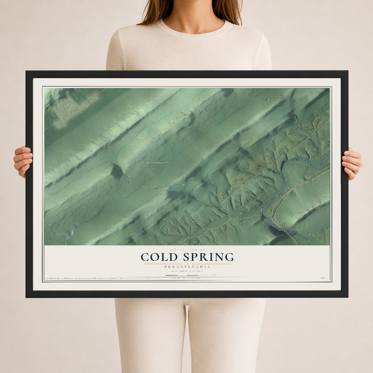 Map of Cold Spring, Pennsylvania, 24 x 36 inch print in a black wood frame
