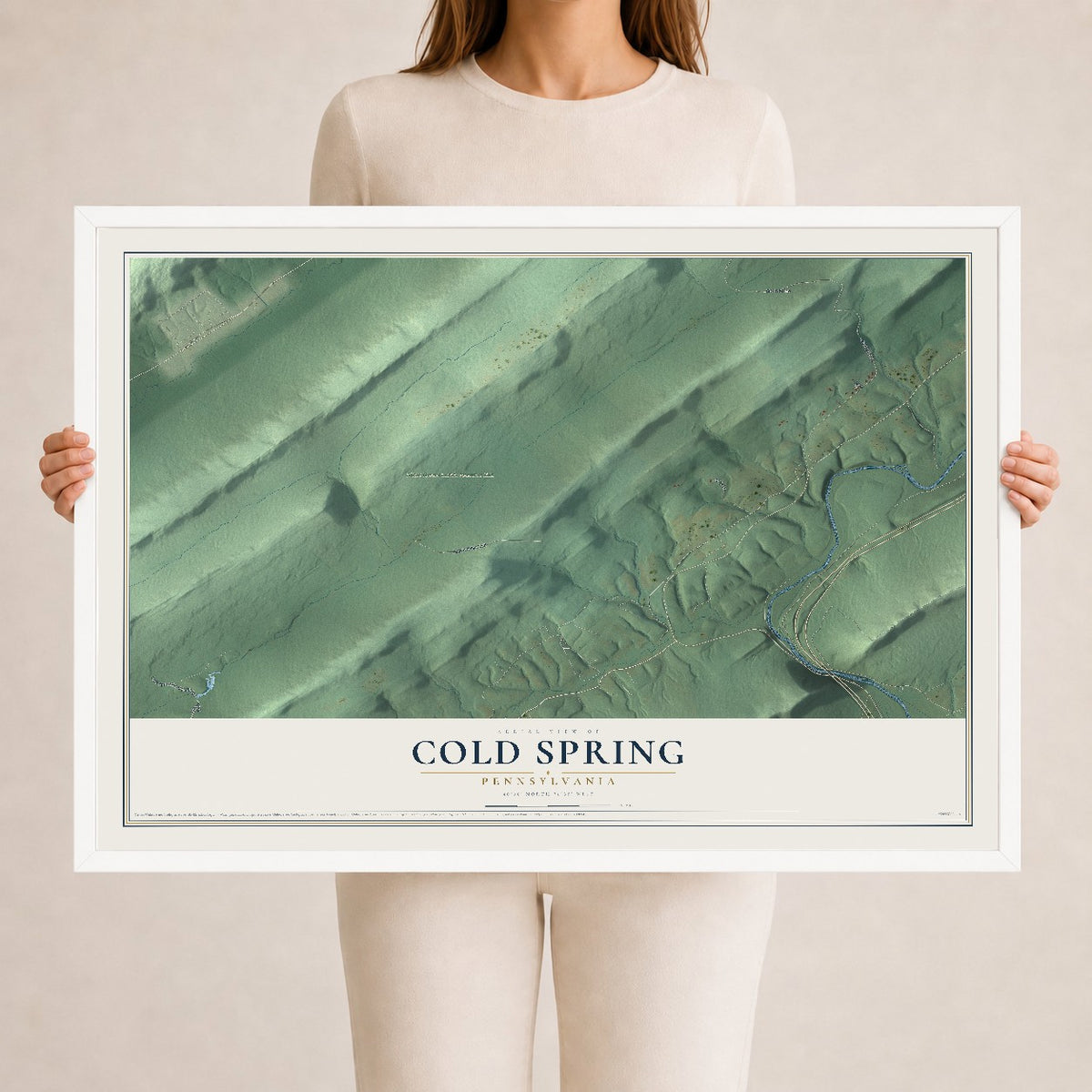 Map of Cold Spring, Pennsylvania, 24 x 36 inch print in a white wood frame