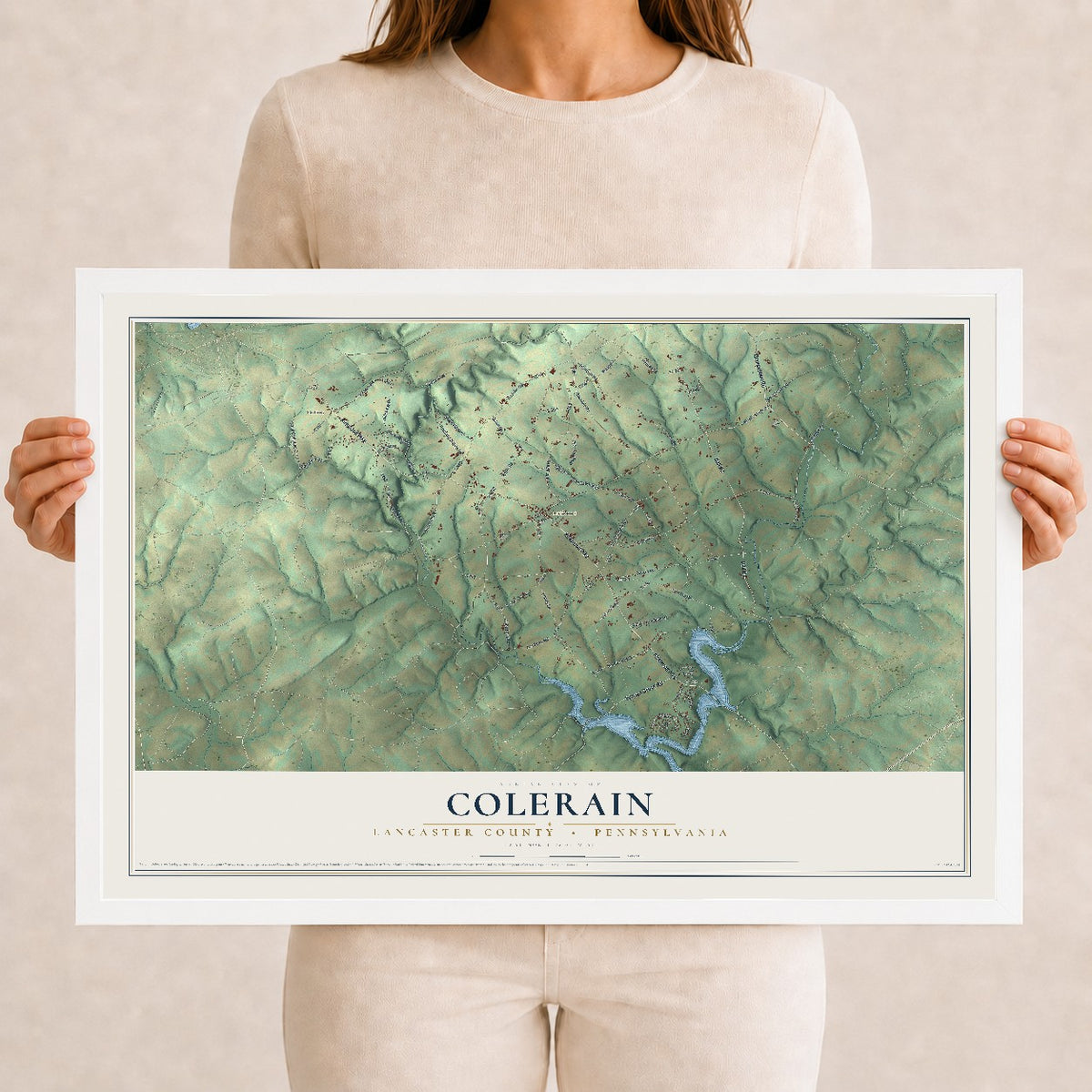 Map of Colerain, Lancaster County, Pennsylvania, 12 x 18 inch print in a white wood frame