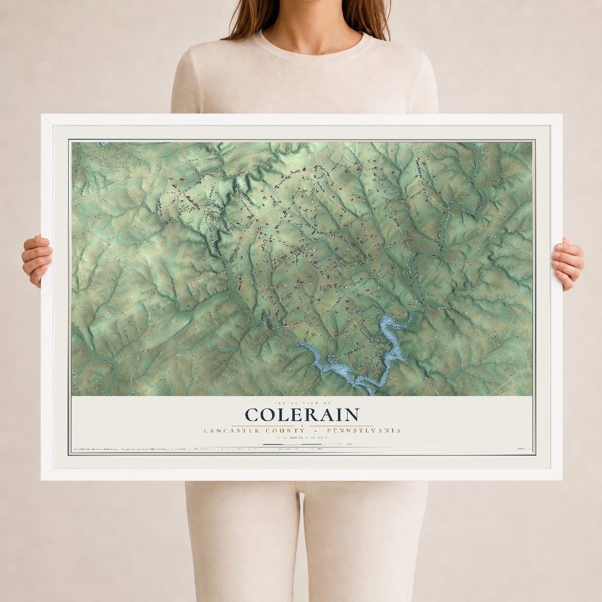 Map of Colerain, Lancaster County, Pennsylvania, 24 x 36 inch print in a white wood frame