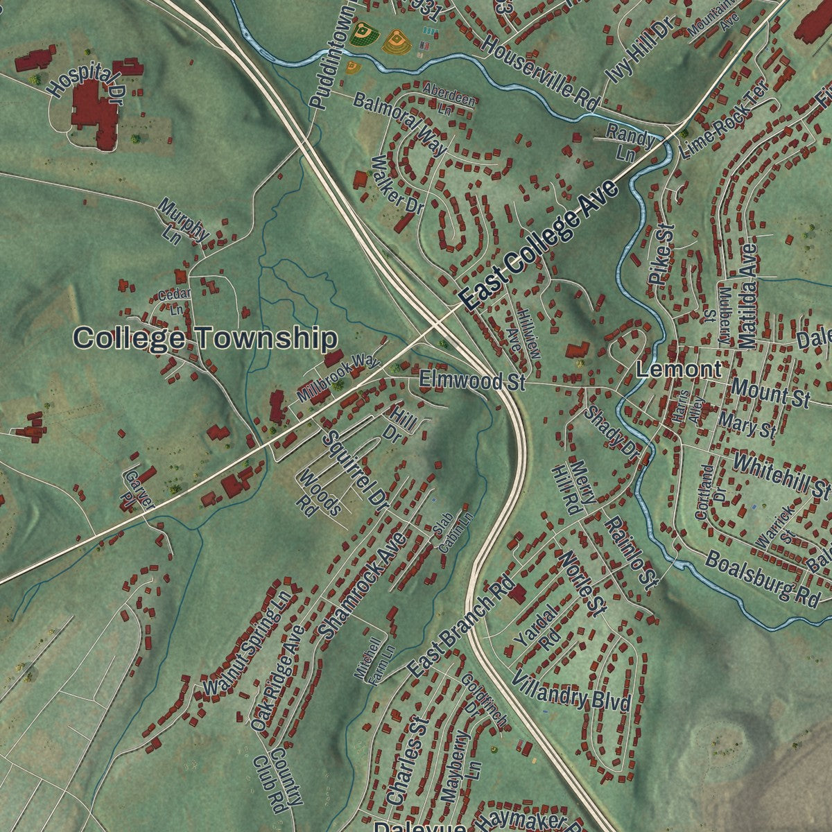 Close-up of the map of College, Pennsylvania print showing street and building detail