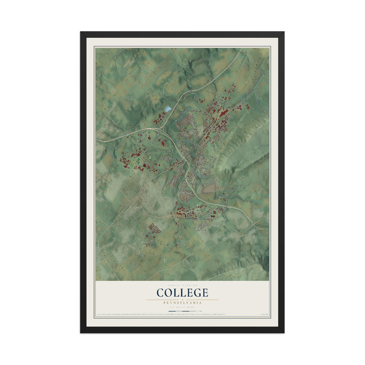 Map of College, Pennsylvania, 12 x 18 inch print in a black wood frame