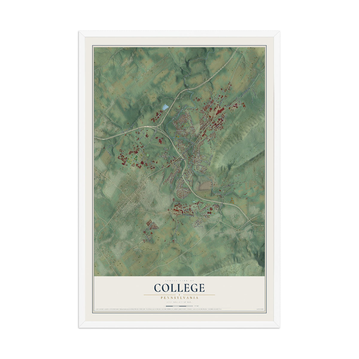Map of College, Pennsylvania, 12 x 18 inch print in a white wood frame
