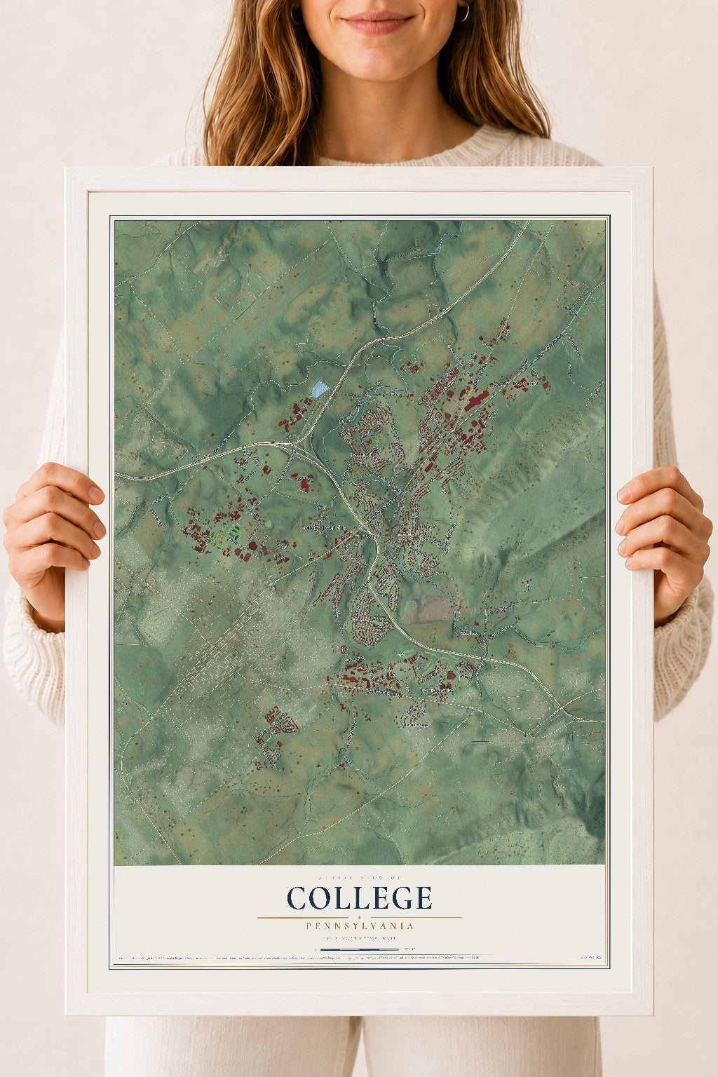 Map of College, Pennsylvania, 18 x 24 inch print in a white wood frame