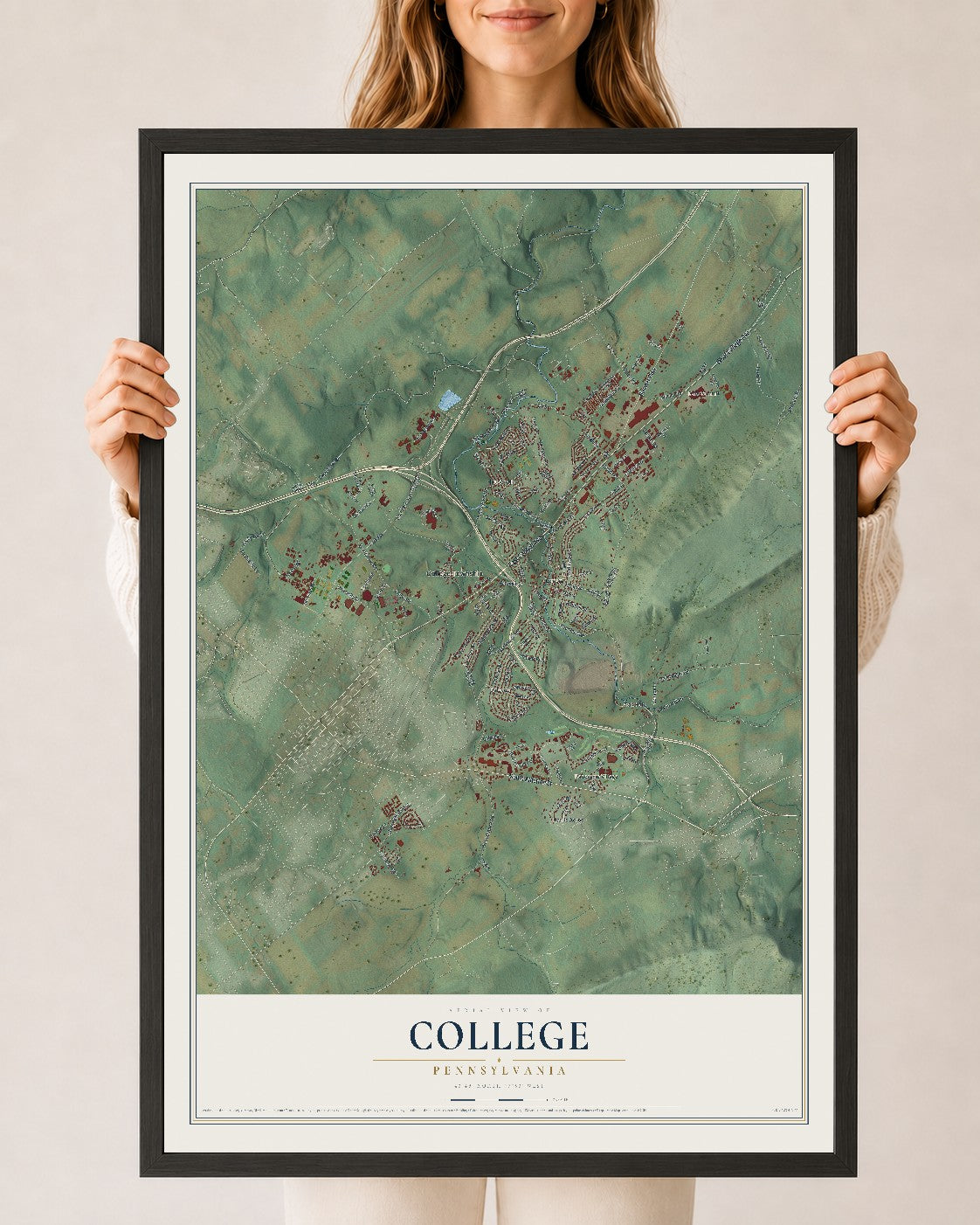 Map of College, Pennsylvania, 24 x 36 inch print in a black wood frame