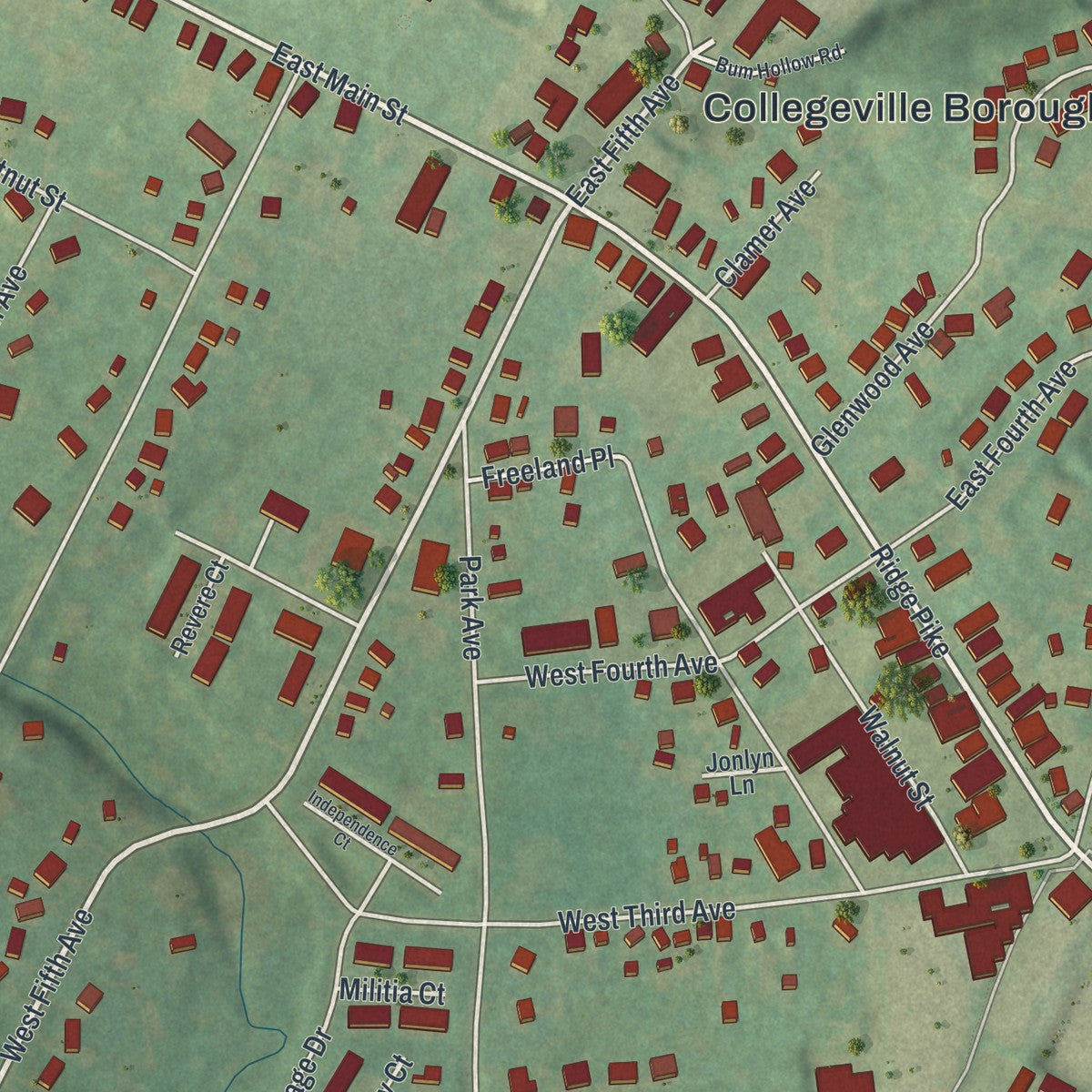 Close-up of the map of Collegeville, Pennsylvania print showing street and building detail