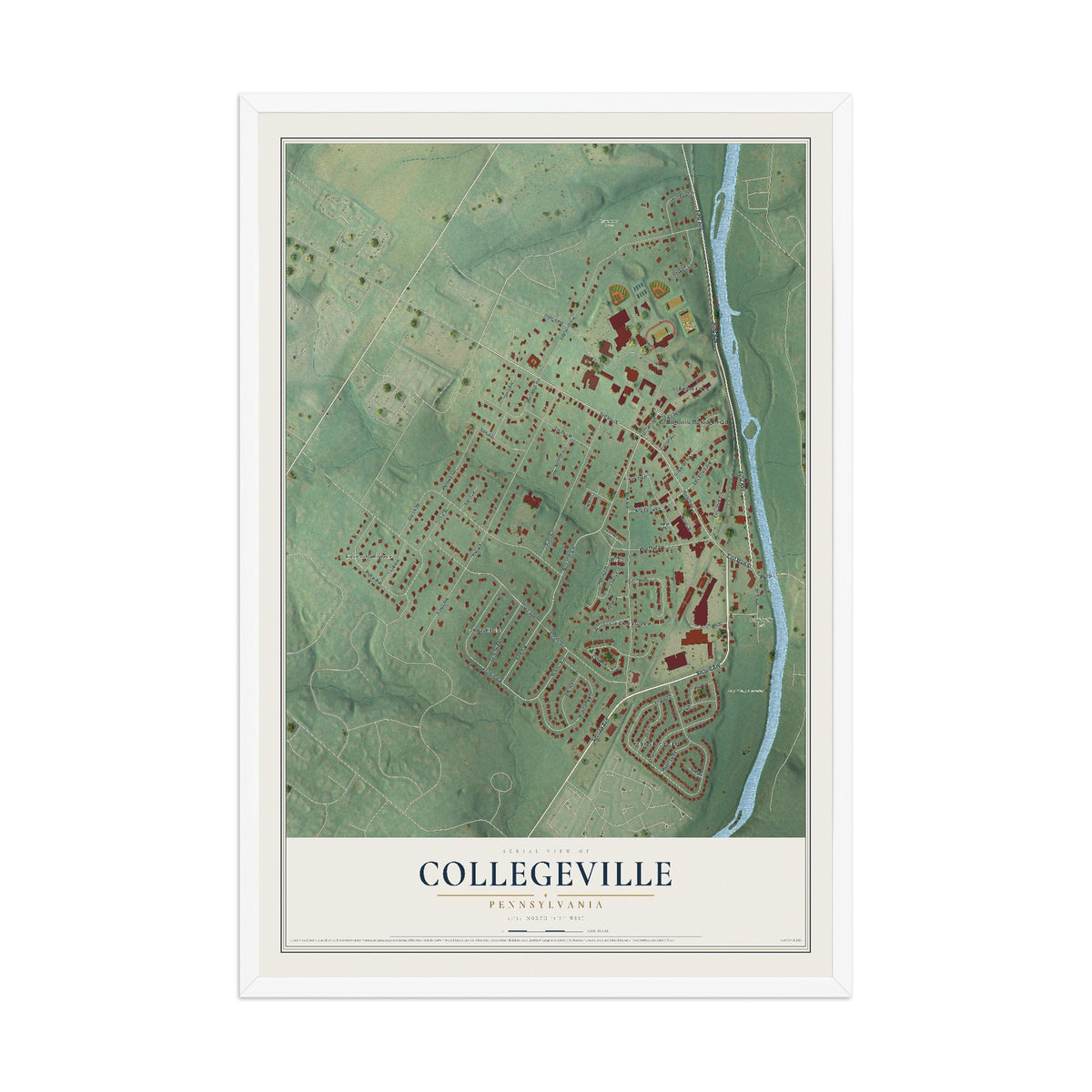 Map of Collegeville, Pennsylvania, 12 x 18 inch print in a white wood frame