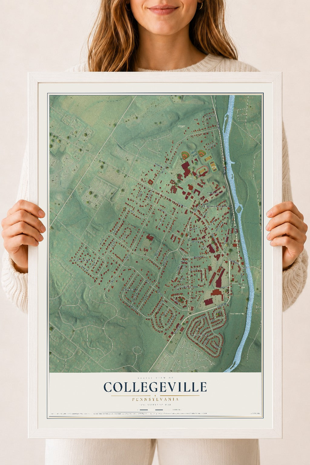 Map of Collegeville, Pennsylvania, 18 x 24 inch print in a white wood frame