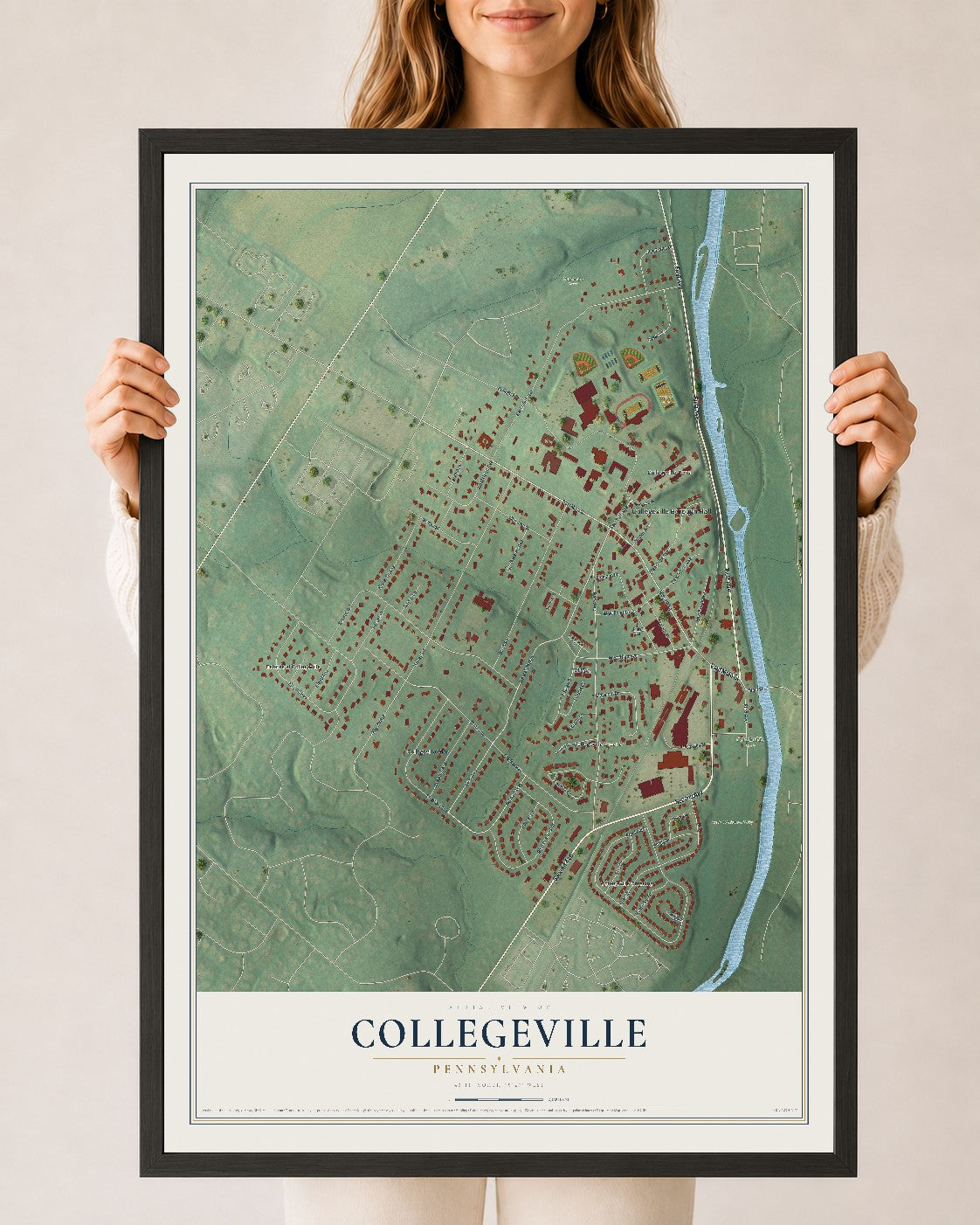 Map of Collegeville, Pennsylvania, 24 x 36 inch print in a black wood frame