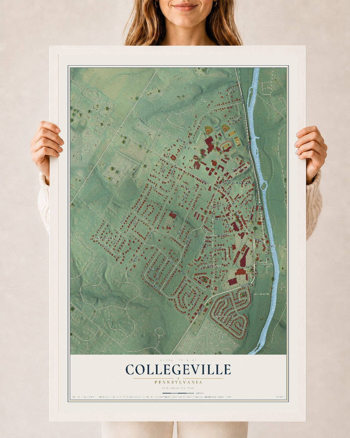 Map of Collegeville, Pennsylvania, 24 x 36 inch print in a white wood frame