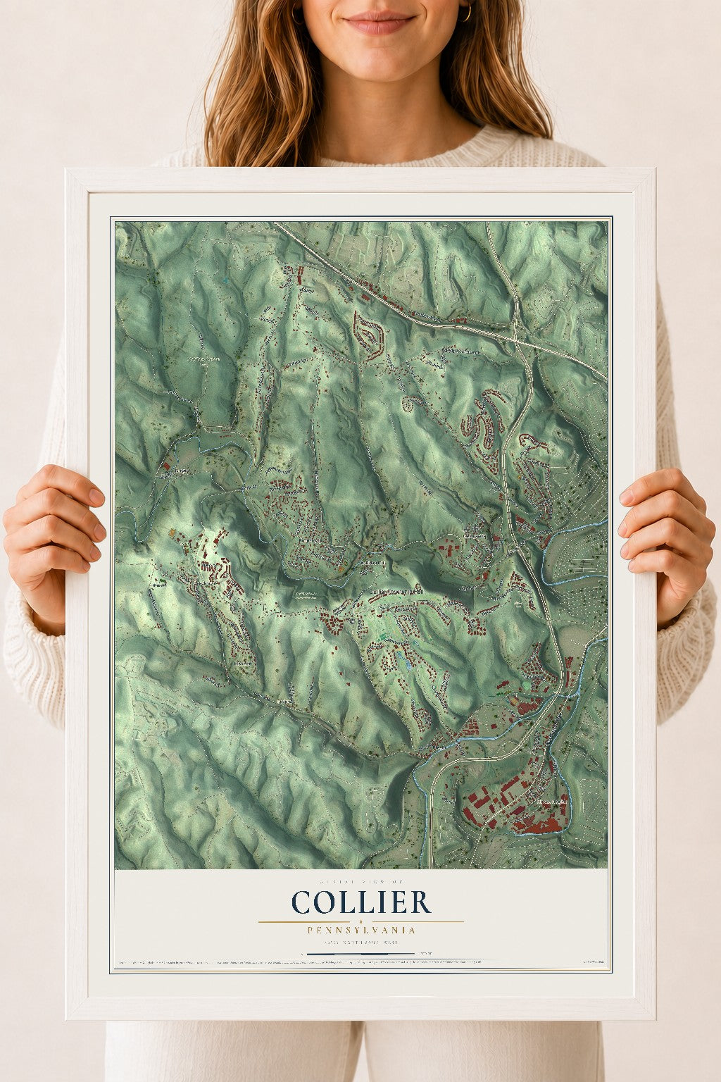 Map of Collier, Pennsylvania, 18 x 24 inch print in a white wood frame