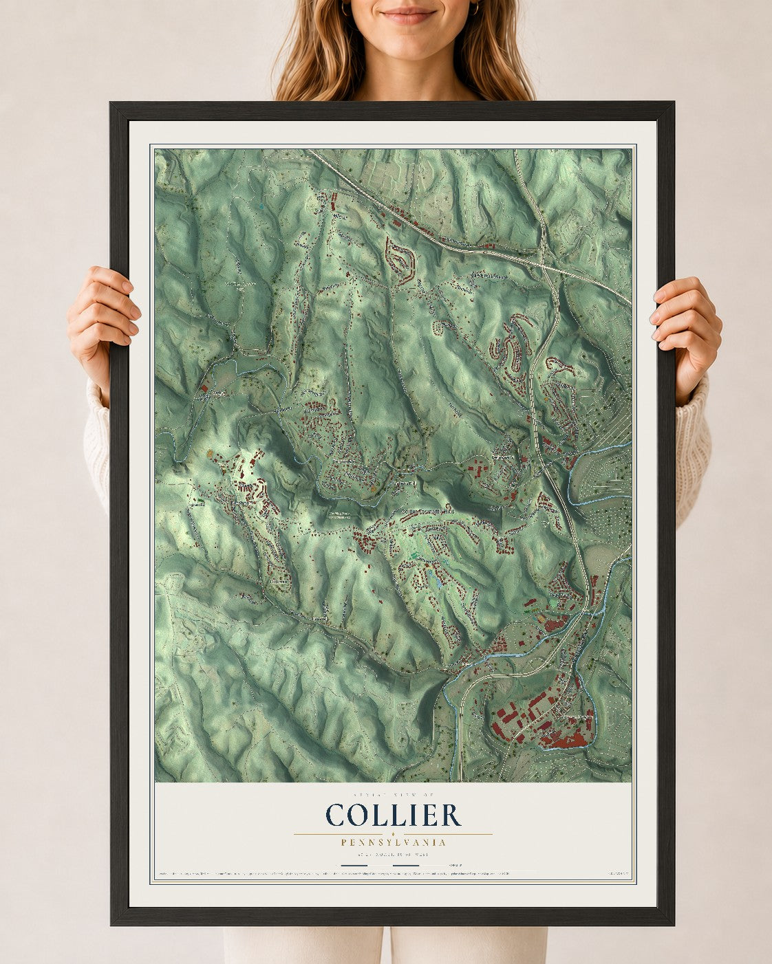 Map of Collier, Pennsylvania, 24 x 36 inch print in a black wood frame