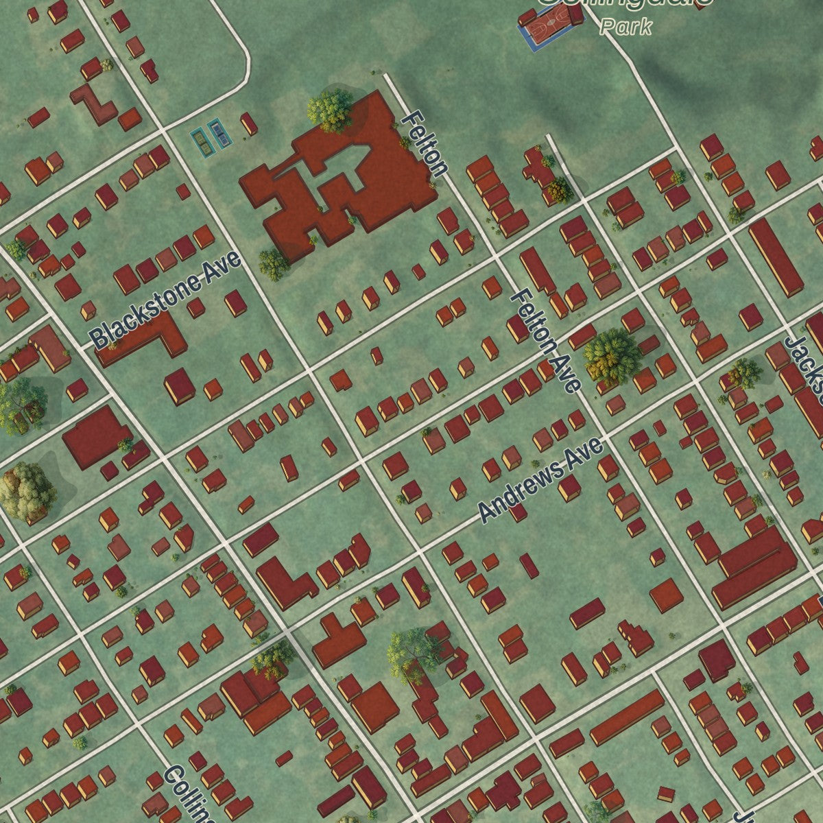 Close-up of the map of Collingdale, Pennsylvania print showing street and building detail