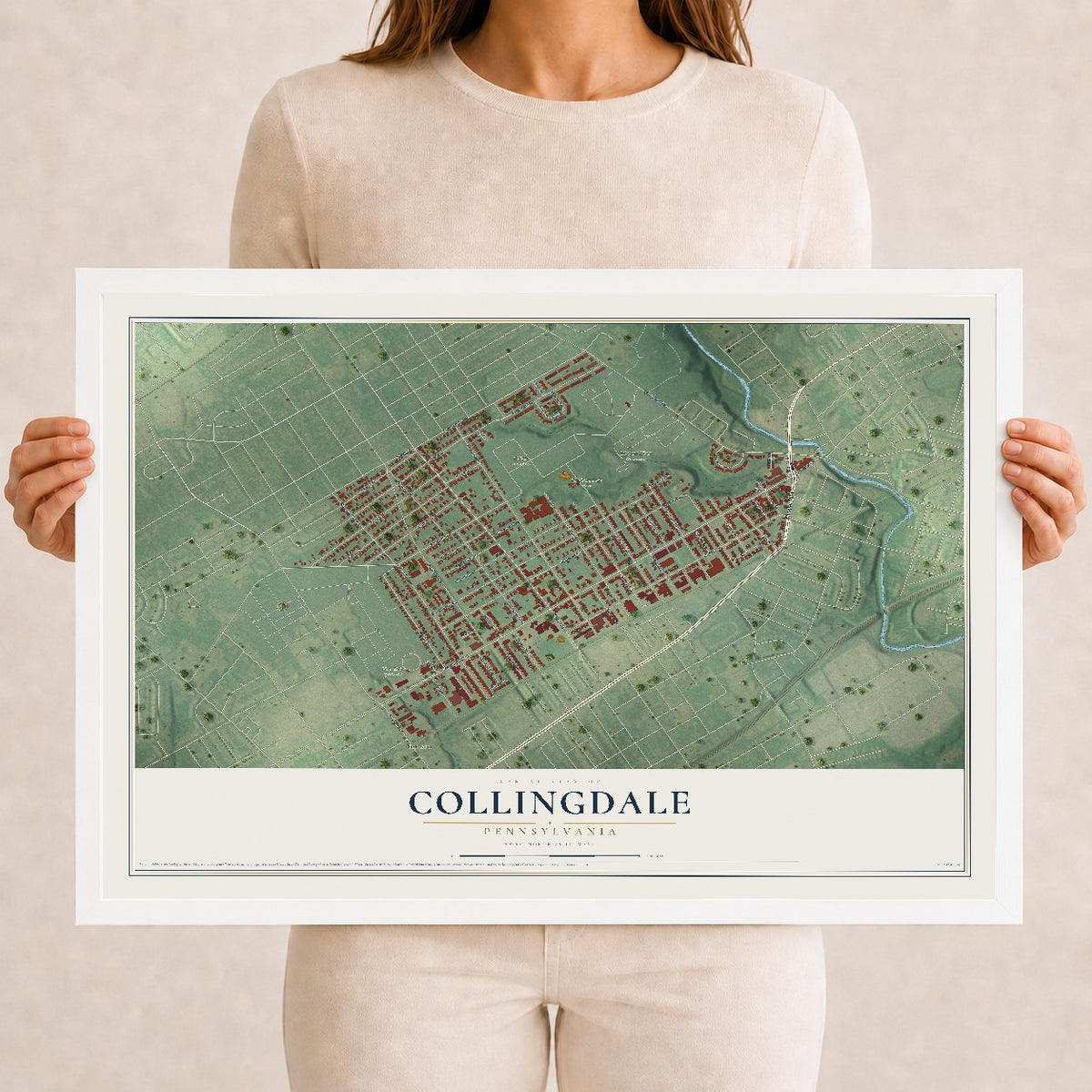 Map of Collingdale, Pennsylvania, 12 x 18 inch print in a white wood frame