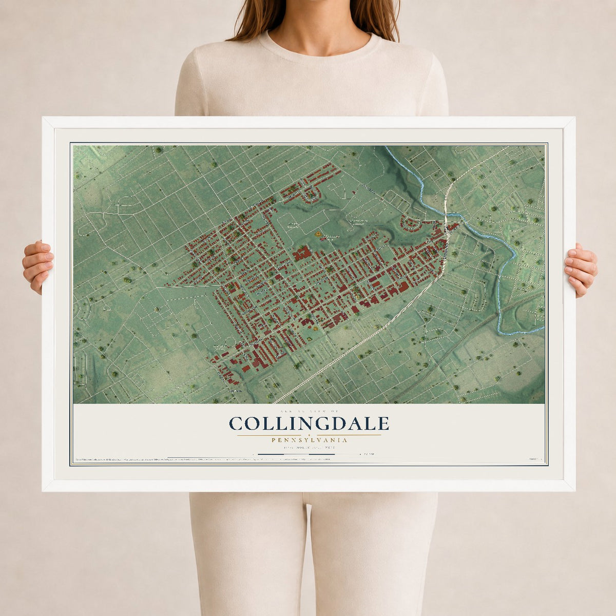Map of Collingdale, Pennsylvania, 24 x 36 inch print in a white wood frame