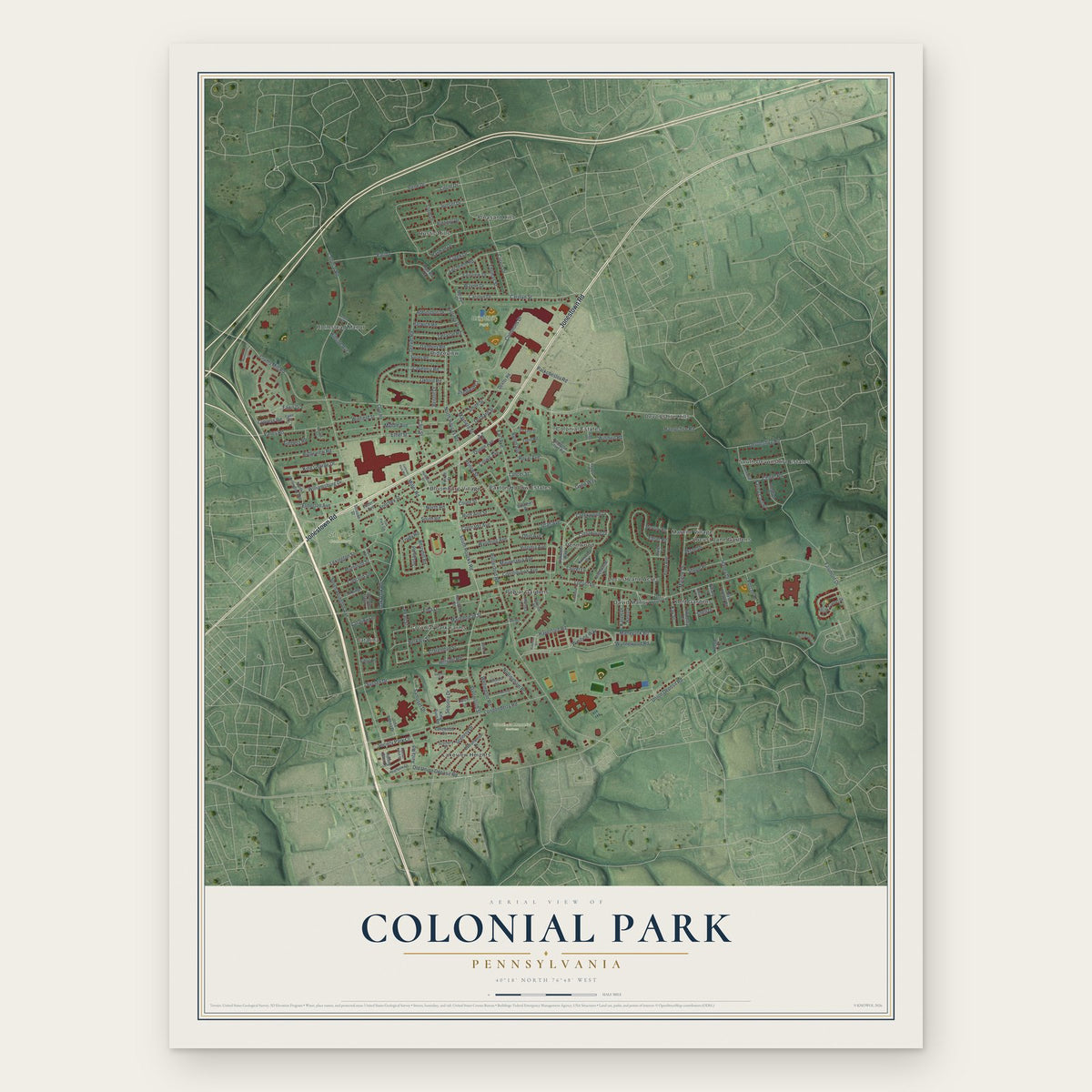 Colonial Park, Pennsylvania map print, the full design