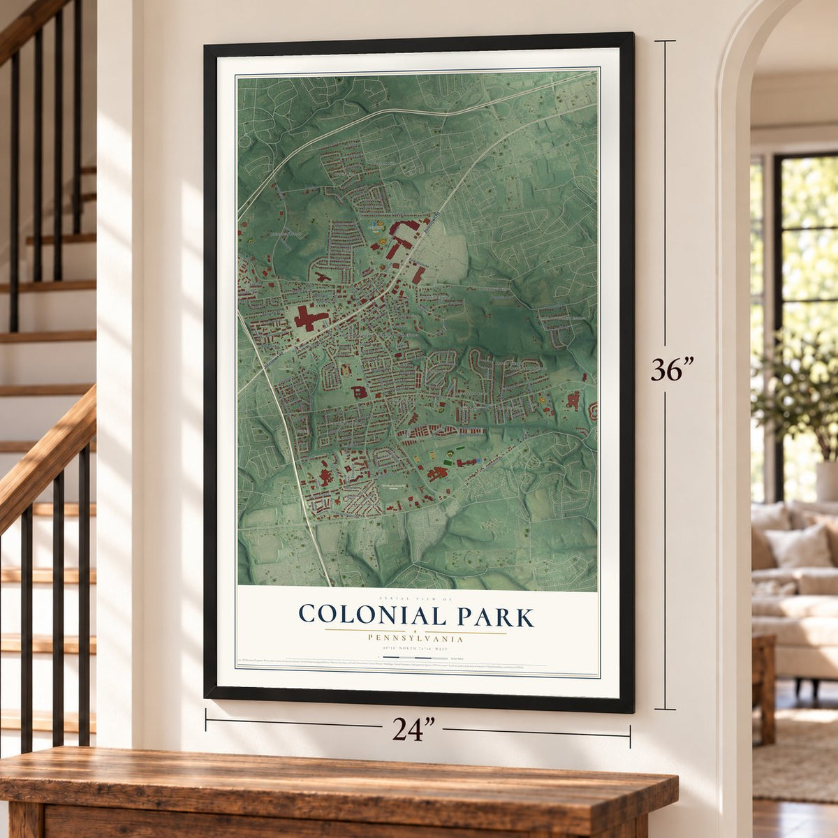 Colonial Park, Pennsylvania map, 24 x 36 inch print in a black frame by a staircase