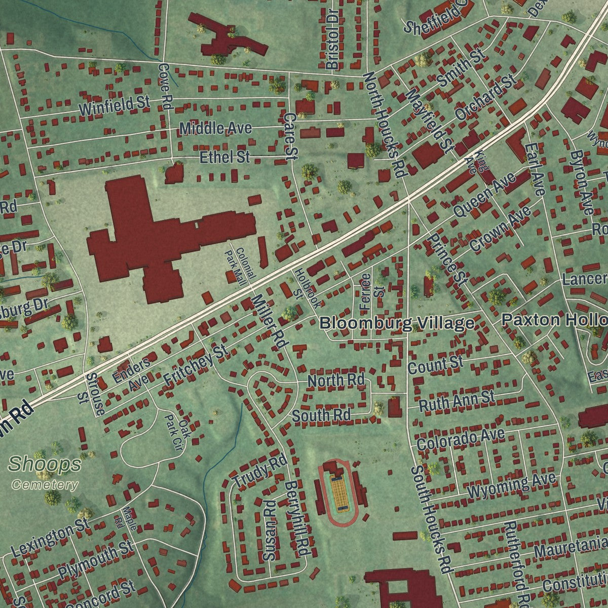 Close-up of the map of Colonial Park, Pennsylvania print showing street and building detail