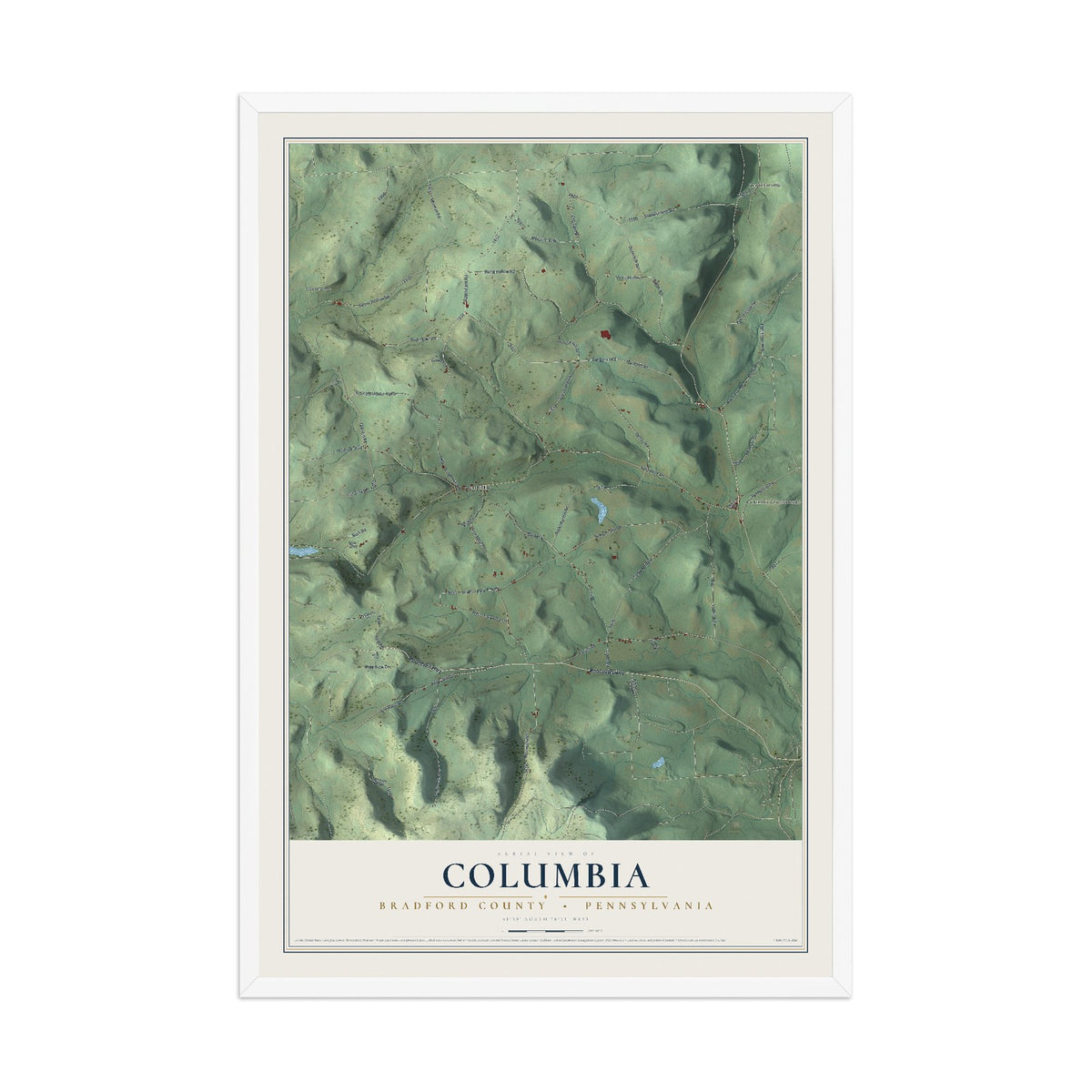 Map of Columbia, Bradford County, Pennsylvania, 12 x 18 inch print in a white wood frame