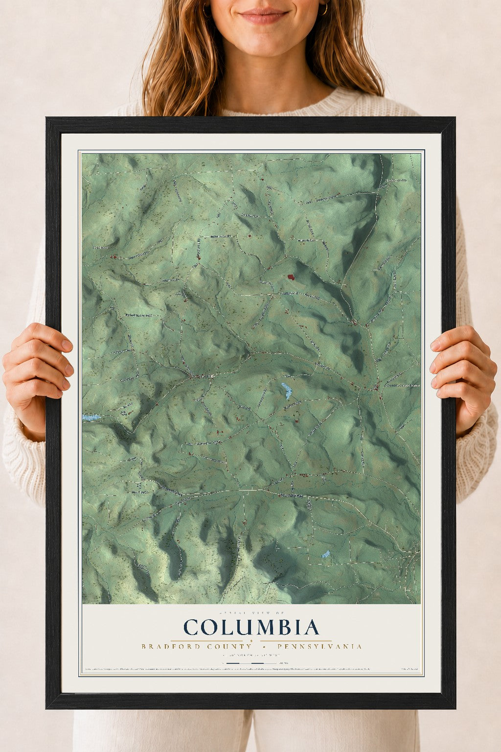 Map of Columbia, Bradford County, Pennsylvania, 18 x 24 inch print in a black wood frame