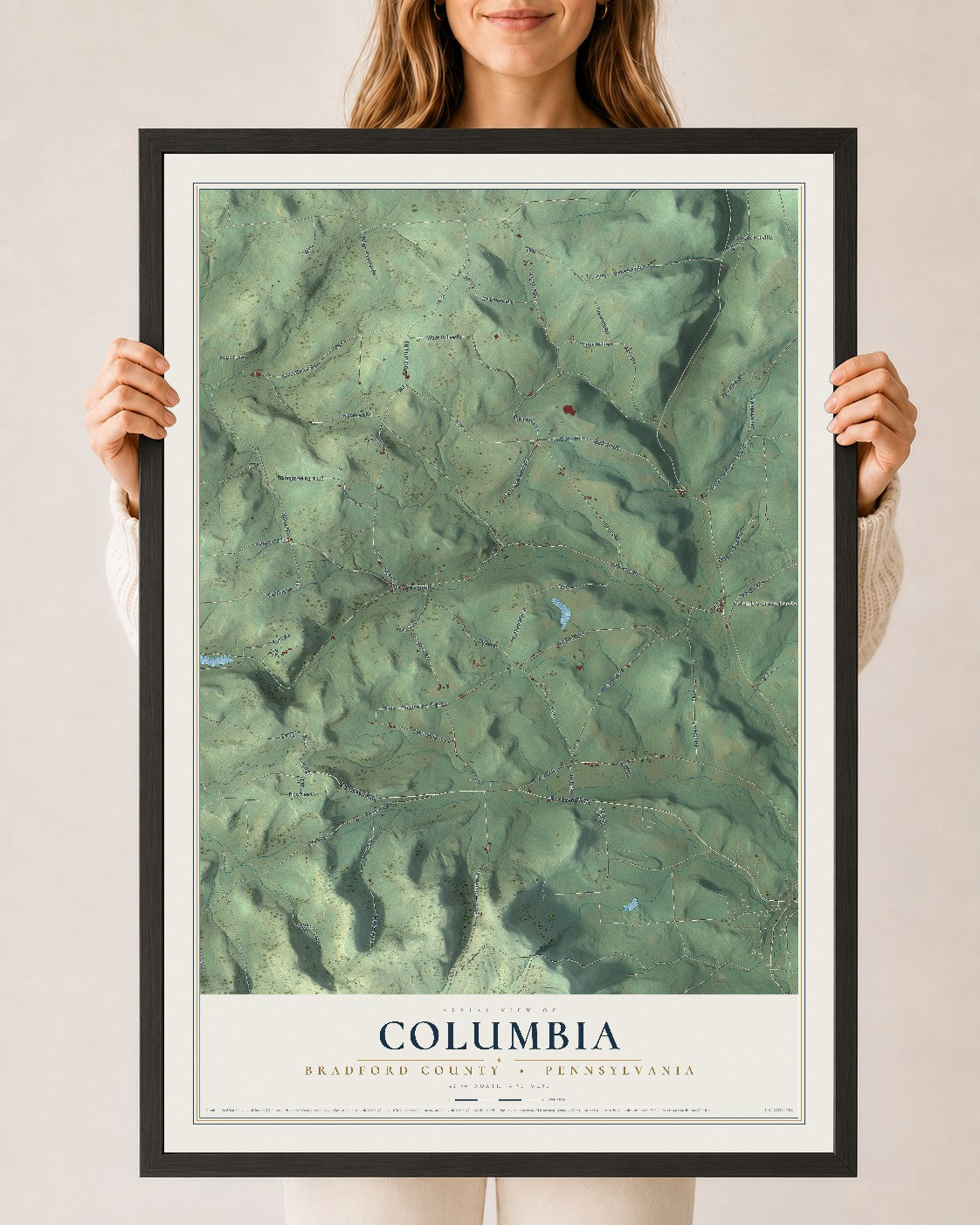 Map of Columbia, Bradford County, Pennsylvania, 24 x 36 inch print in a black wood frame