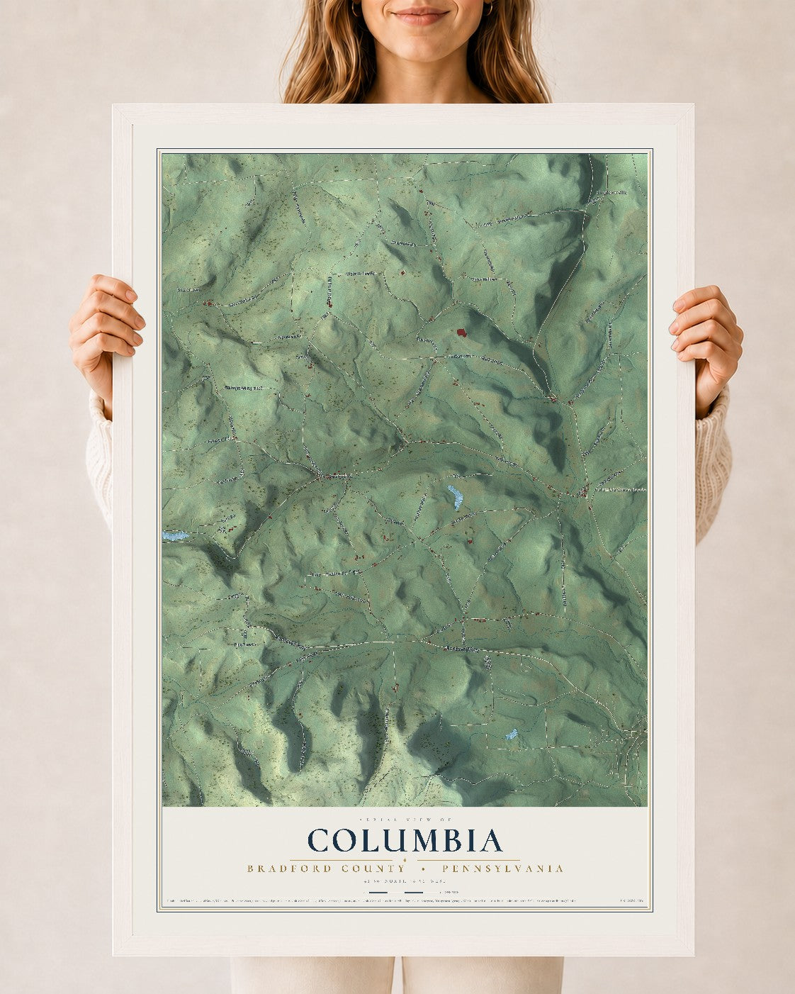 Map of Columbia, Bradford County, Pennsylvania, 24 x 36 inch print in a white wood frame