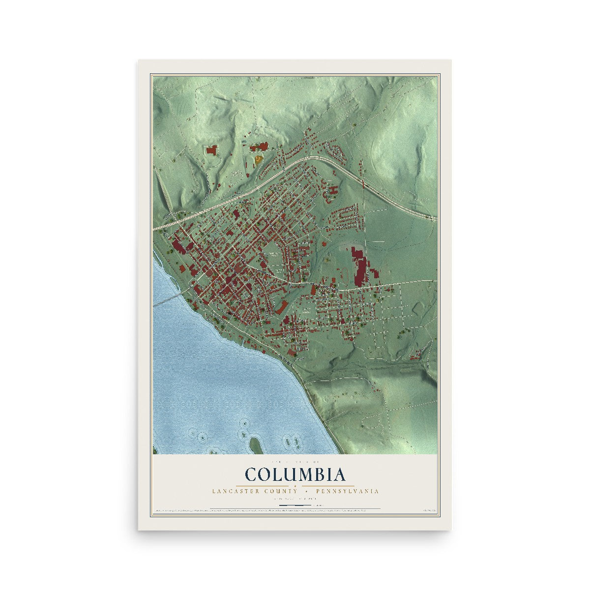 Map of Columbia, Lancaster County, Pennsylvania, 12 x 18 inch unframed archival matte print