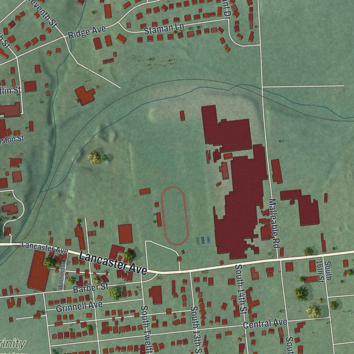 Second close-up of the map of Columbia, Lancaster County, Pennsylvania print showing more streets and buildings