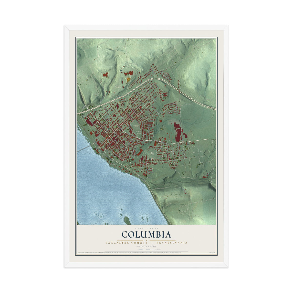 Map of Columbia, Lancaster County, Pennsylvania, 12 x 18 inch print in a white wood frame