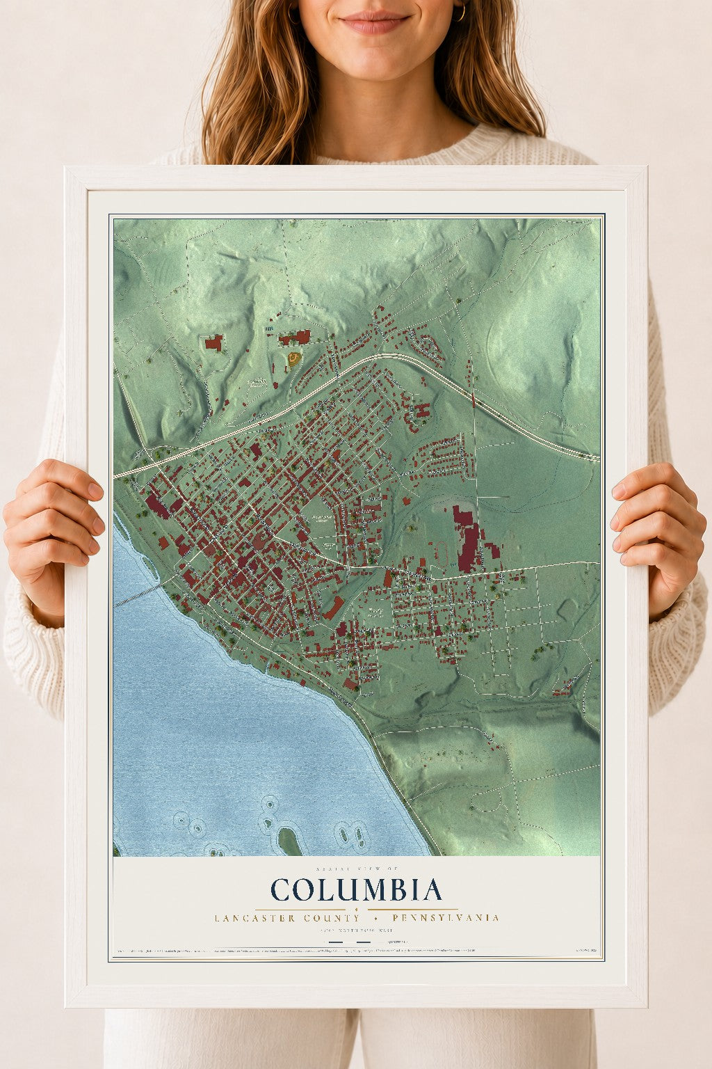 Map of Columbia, Lancaster County, Pennsylvania, 18 x 24 inch print in a white wood frame