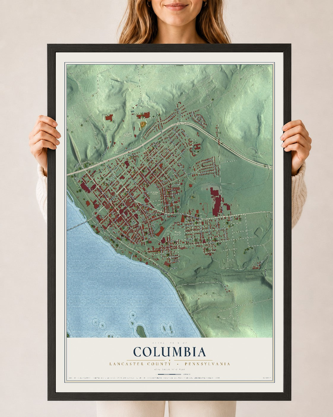Map of Columbia, Lancaster County, Pennsylvania, 24 x 36 inch print in a black wood frame