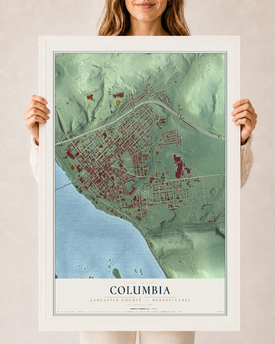 Map of Columbia, Lancaster County, Pennsylvania, 24 x 36 inch print in a white wood frame