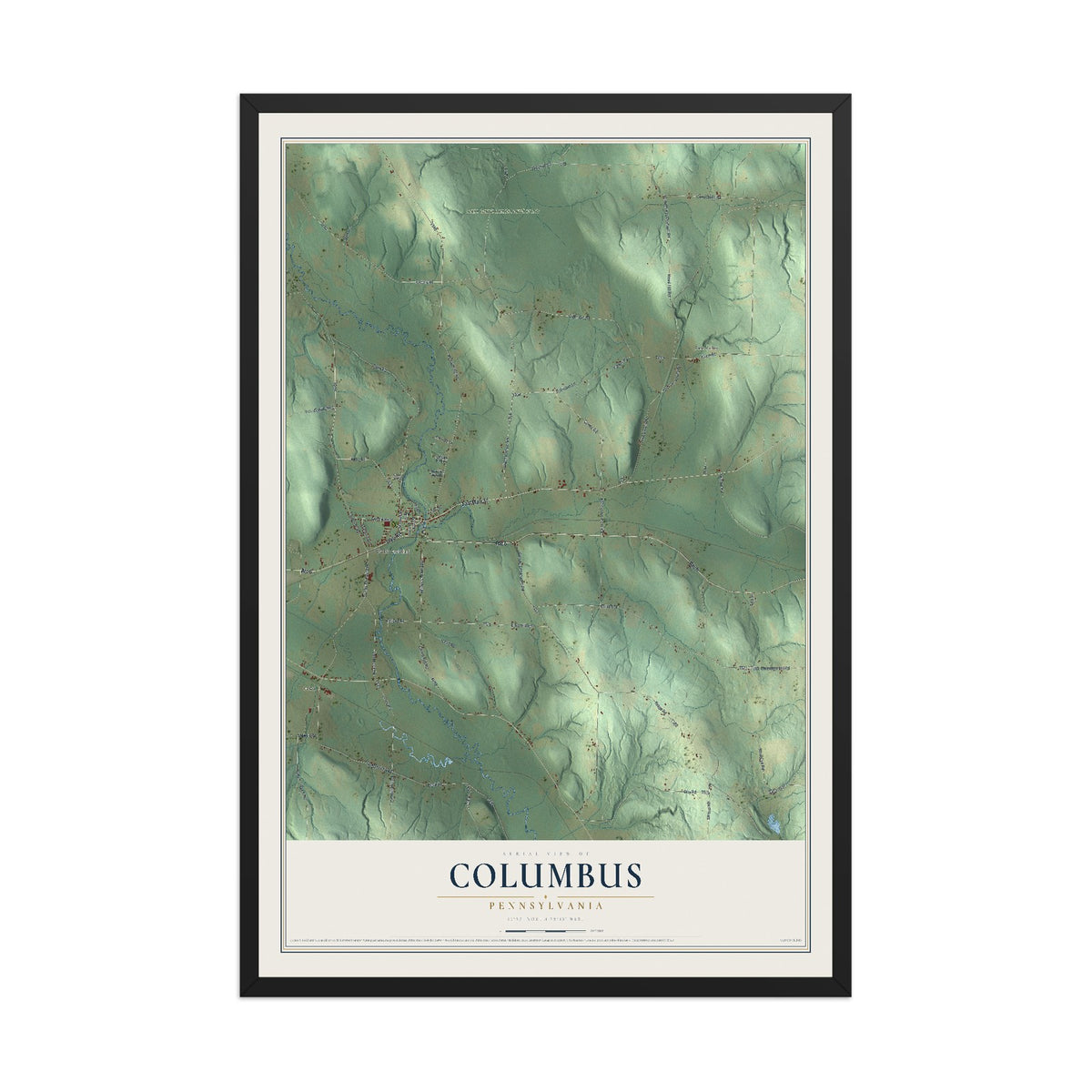Map of Columbus, Pennsylvania, 12 x 18 inch print in a black wood frame
