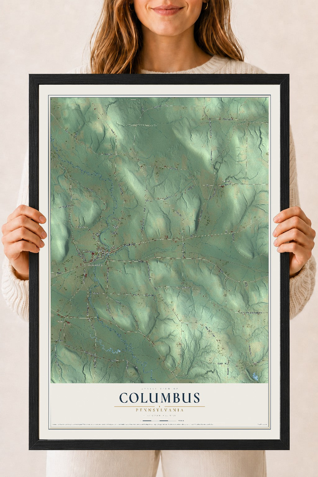 Map of Columbus, Pennsylvania, 18 x 24 inch print in a black wood frame