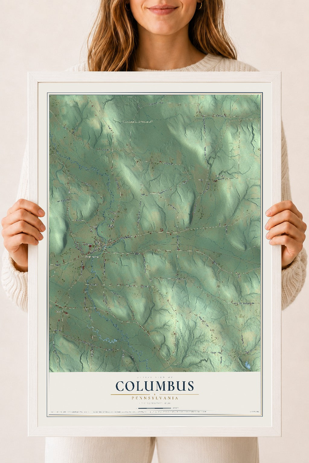 Map of Columbus, Pennsylvania, 18 x 24 inch print in a white wood frame