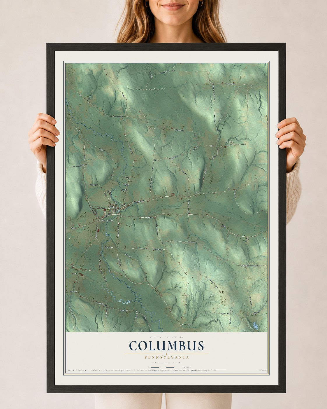 Map of Columbus, Pennsylvania, 24 x 36 inch print in a black wood frame