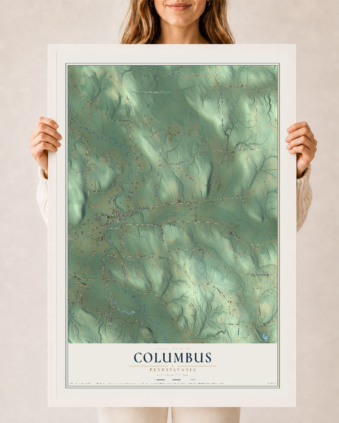 Map of Columbus, Pennsylvania, 24 x 36 inch print in a white wood frame