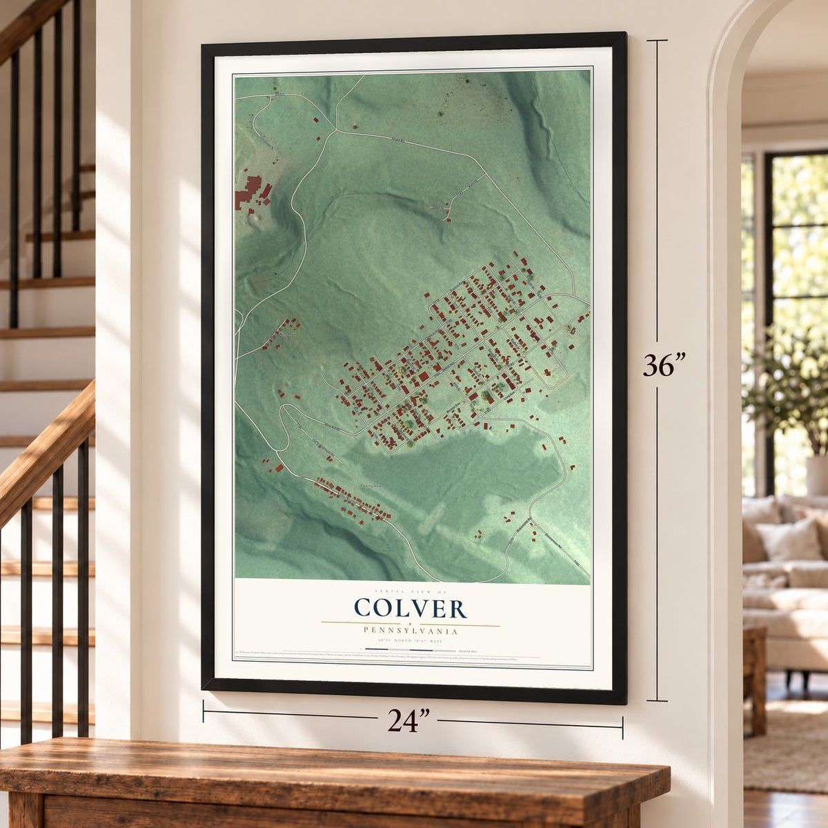 Colver, Pennsylvania map, 24 x 36 inch print in a black frame by a staircase