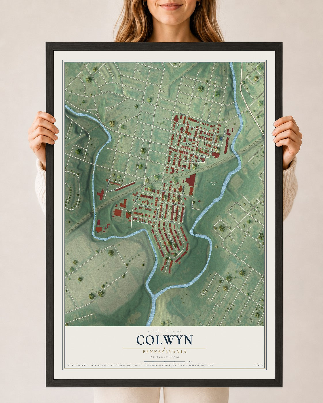 Map of Colwyn, Pennsylvania, 24 x 36 inch print in a black wood frame