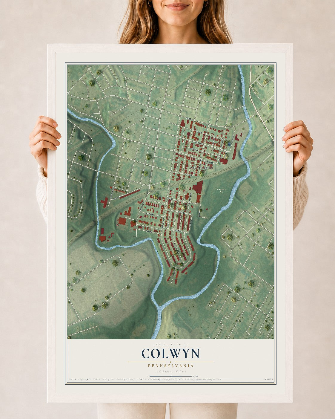 Map of Colwyn, Pennsylvania, 24 x 36 inch print in a white wood frame